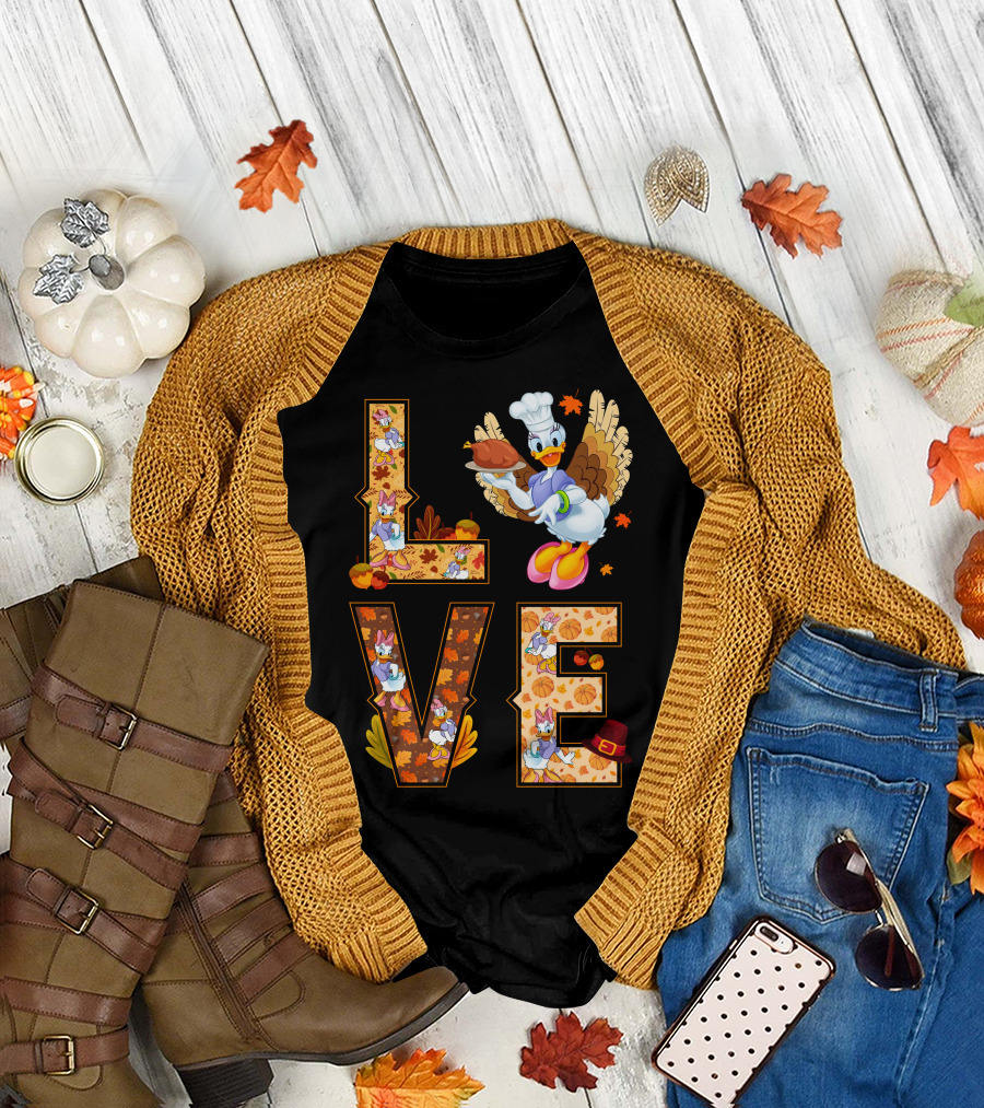 Thanksgiving Daisy Duck Love Fall Leaves Pumpkins Turkey Chef Hat T-Shirt