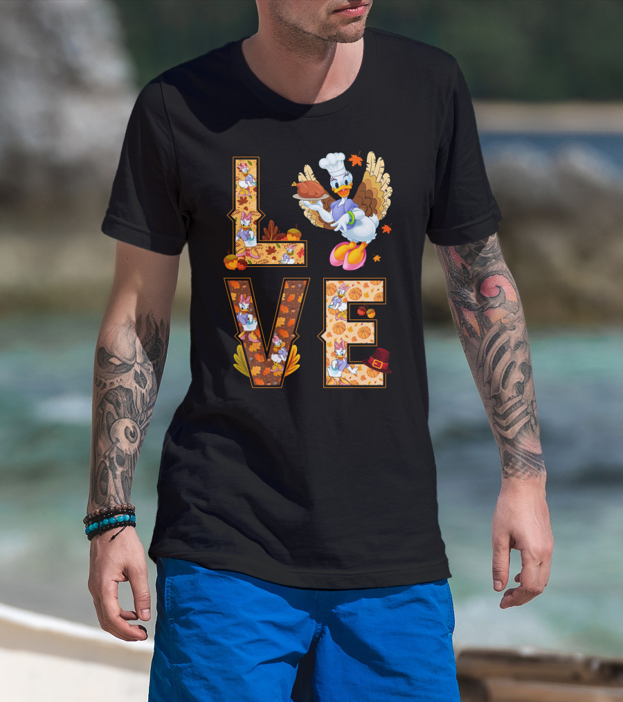 Thanksgiving Daisy Duck Love Fall Leaves Pumpkins Turkey Chef Hat T-Shirt