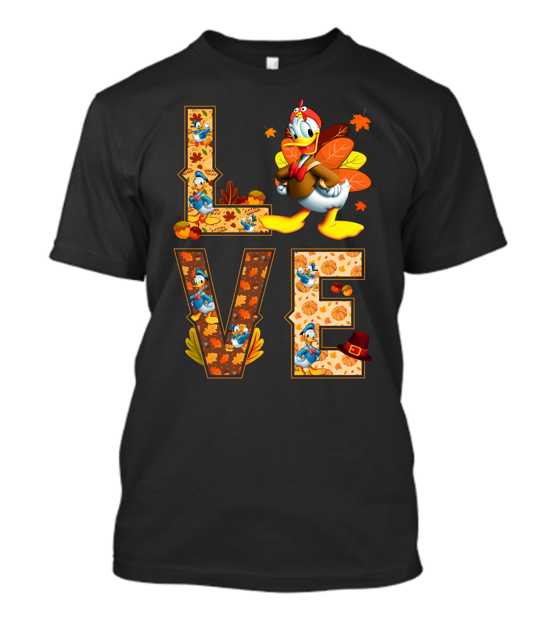 Love Thanksgiving Donald Duck Turkey Autumn Leaves Pumpkins T-Shirt