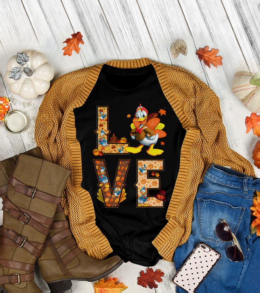 Love Thanksgiving Donald Duck Turkey Autumn Leaves Pumpkins T-Shirt