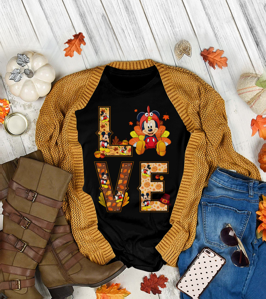 Mickey Love Thanksgiving Theme With Autumn Leaves And Pumpkins T-Shirt