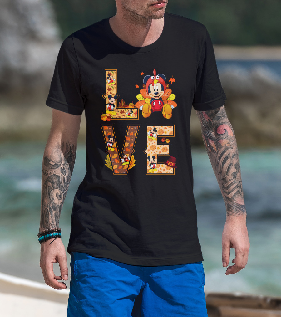 Mickey Love Thanksgiving Theme With Autumn Leaves And Pumpkins T-Shirt