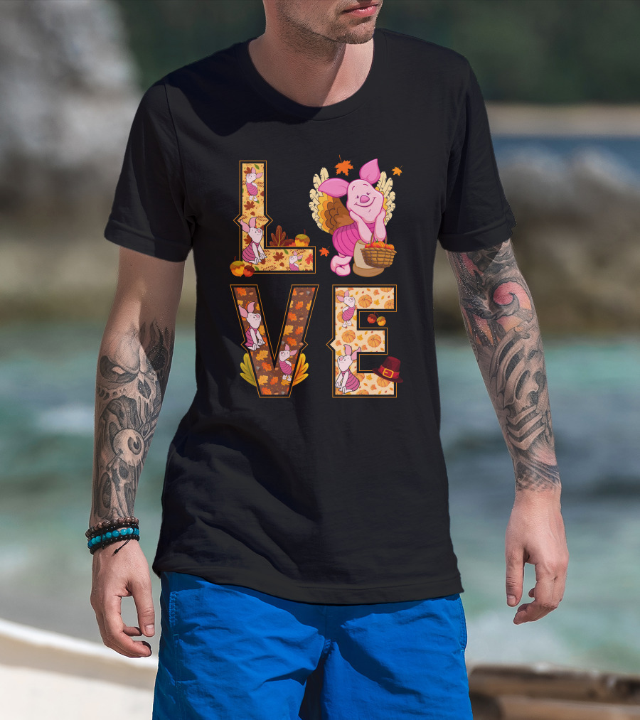 Piglet Love Autumn Harvest Thanksgiving Pumpkin Leaves T-Shirt