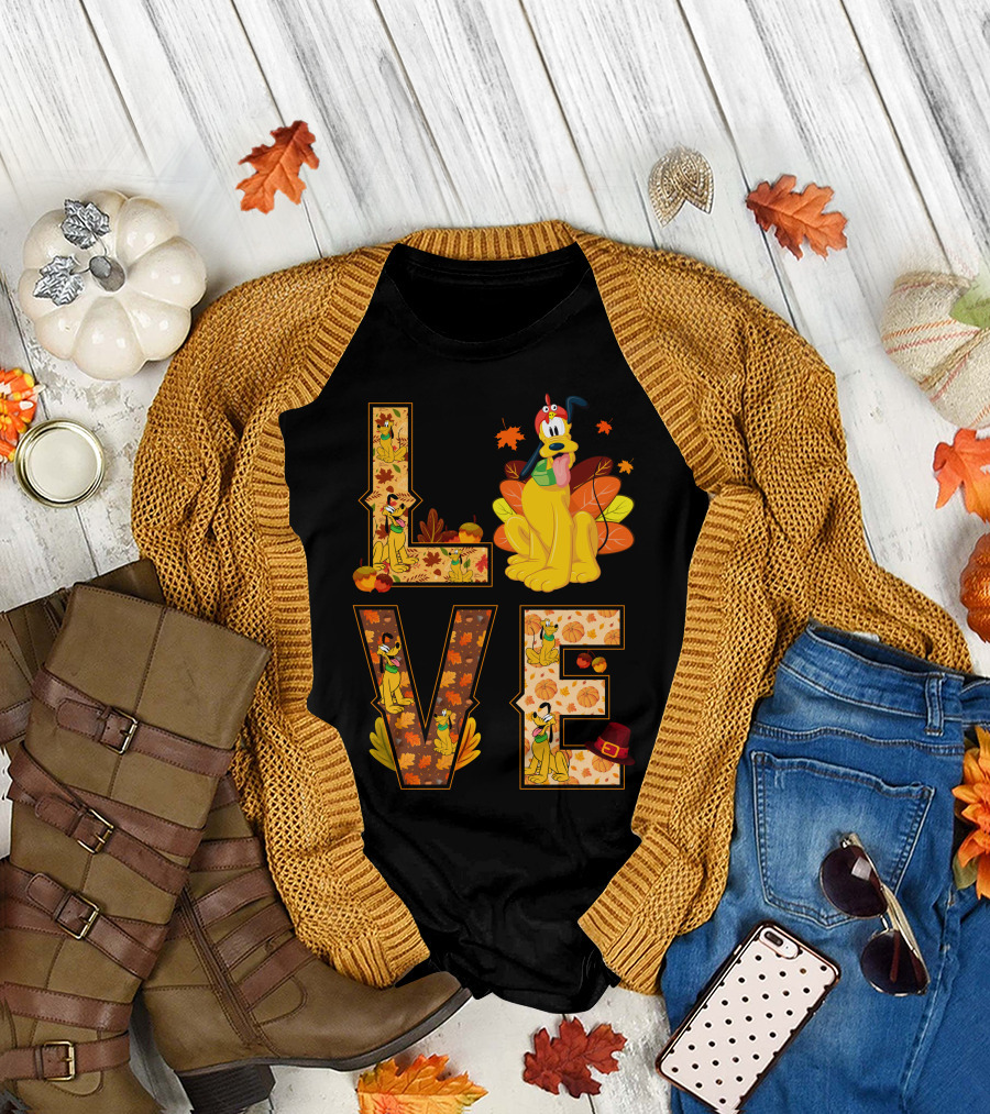 Pluto Thanksgiving Love Autumn Leaves And Pumpkins T-Shirt