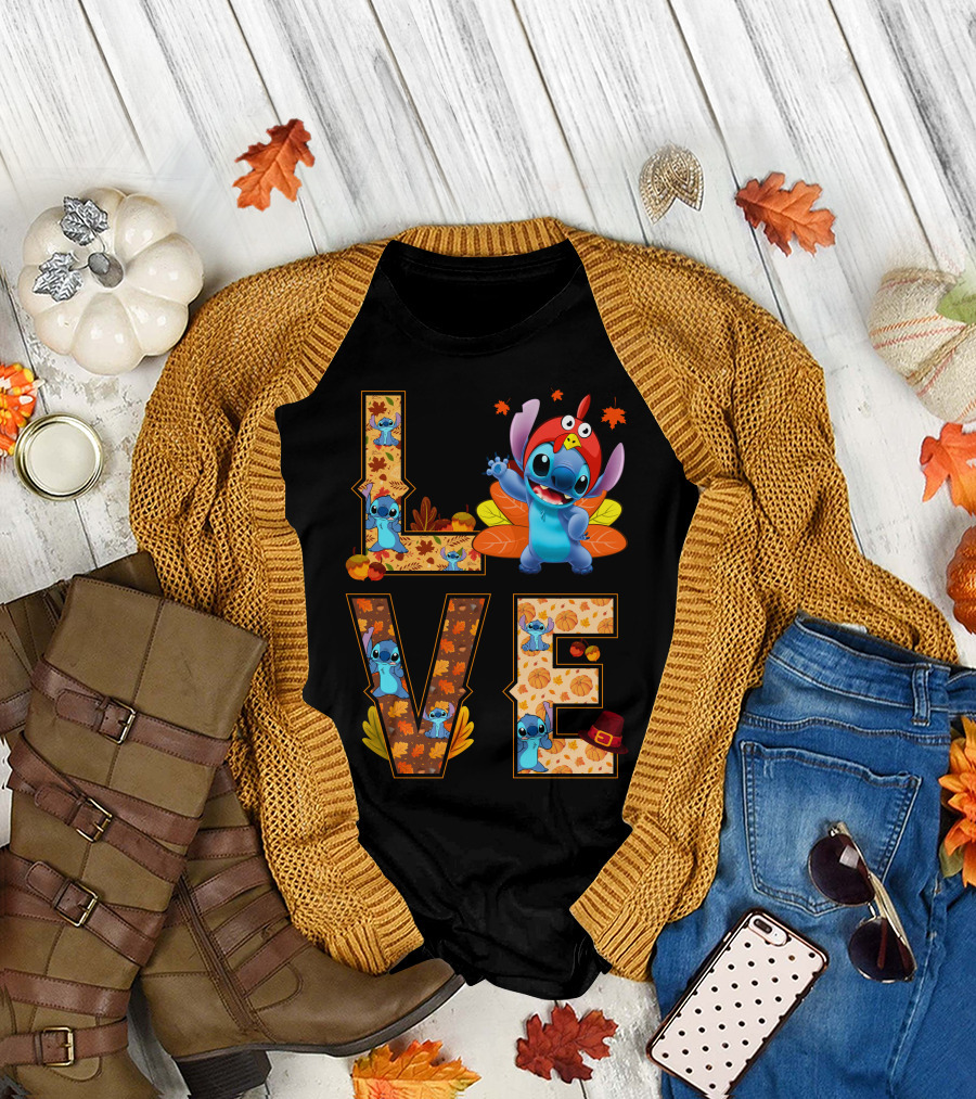 Love Stitch Thanksgiving Autumn Leaves Pumpkins Turkey Hat T-Shirt