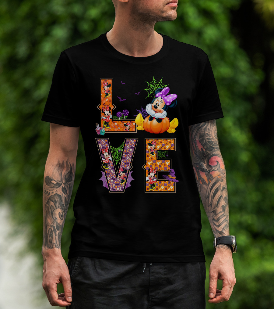 Love Minnie Halloween Pumpkin Bats Spiderwebs Bow T-Shirt
