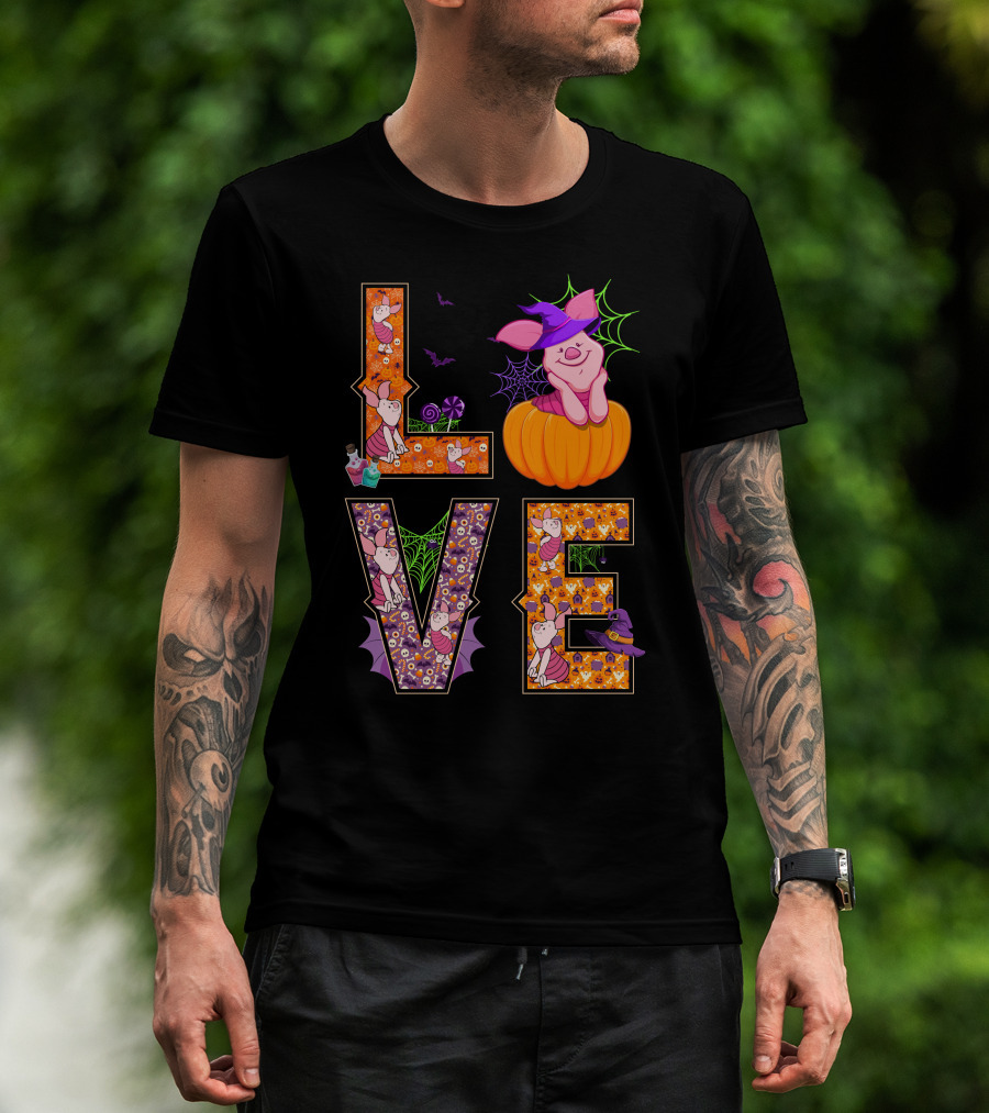 Love Piglet Halloween Pumpkin Bat Spiderwebs T-Shirt