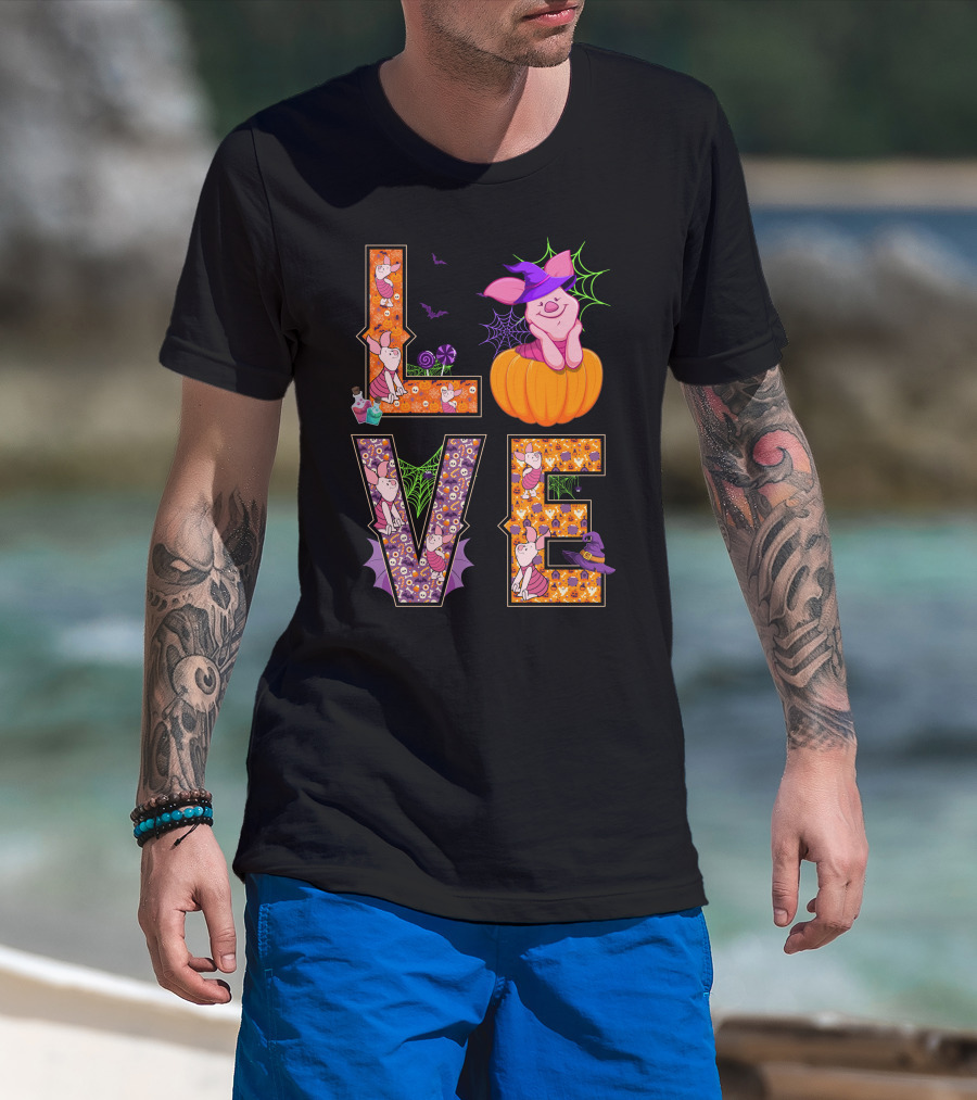 Love Piglet Halloween Pumpkin Bat Spiderwebs T-Shirt