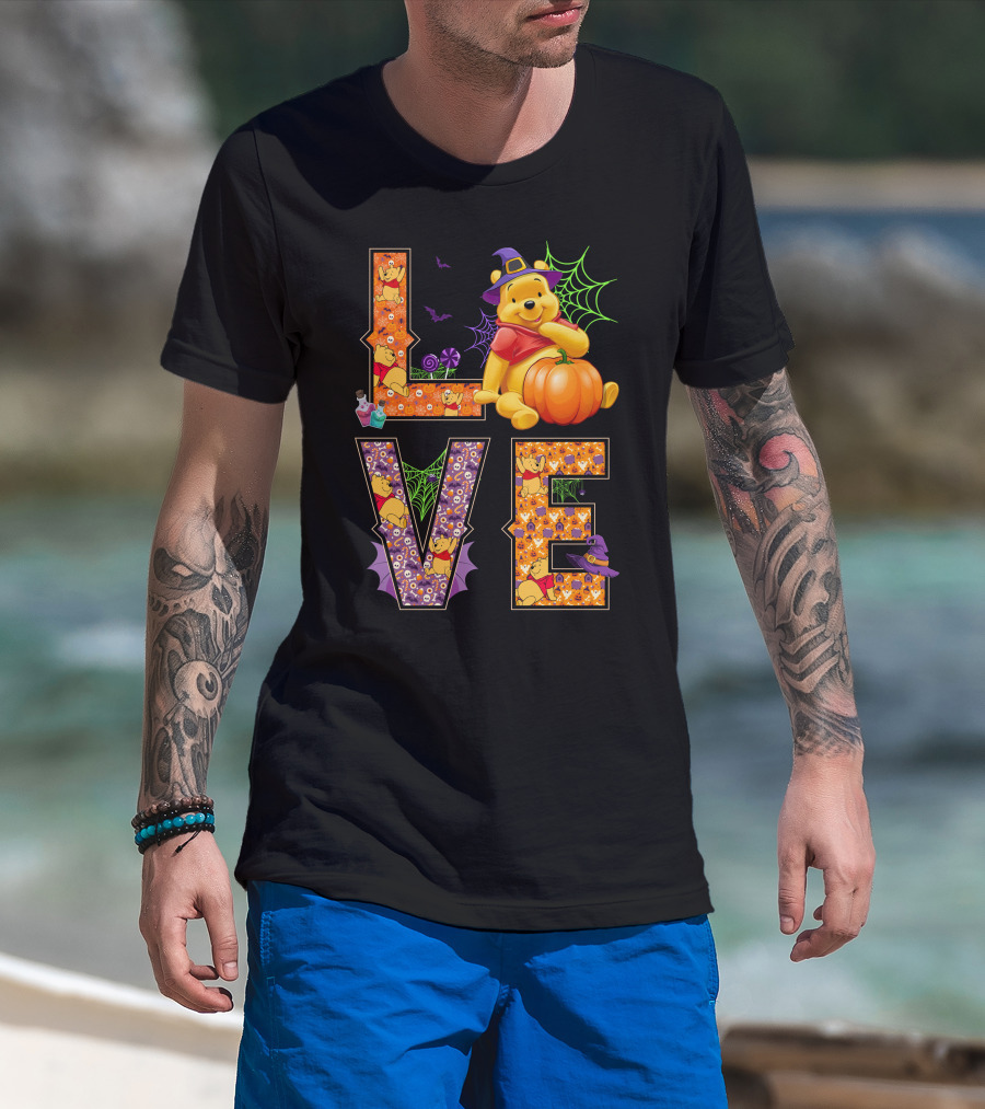 Pooh Halloween Love With Pumpkins And Spider Webs T-Shirt