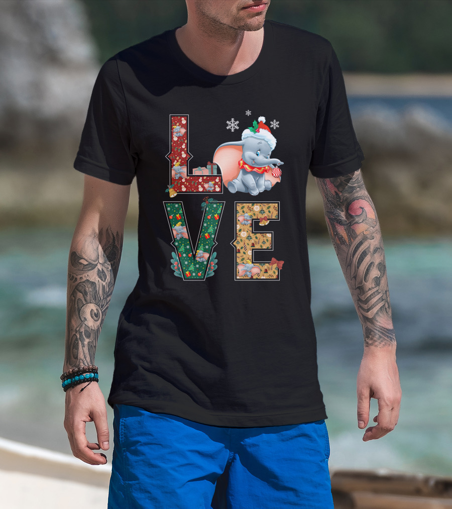Love Dumbo Christmas Holiday Snowflakes Santa Hat Candy Cane T-Shirt