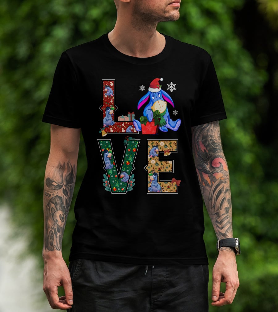 Eeyore Christmas Love Santa Hat Snowflakes T-Shirt