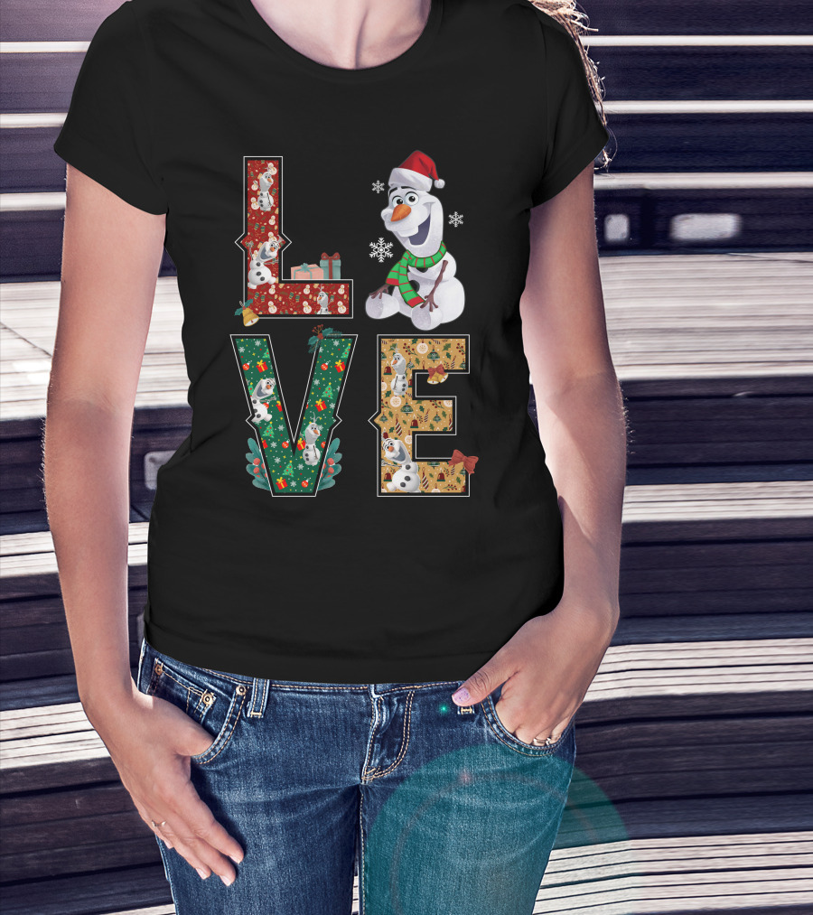 Love Olaf Christmas Snowman Santa Hat Scarf Snowflake Gifts T-Shirt