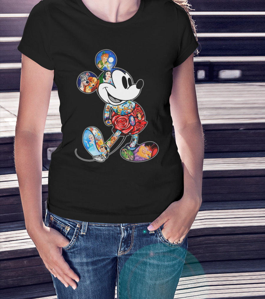 Mickey Mouse Collage Featuring Classic Disney Characters T-Shirt