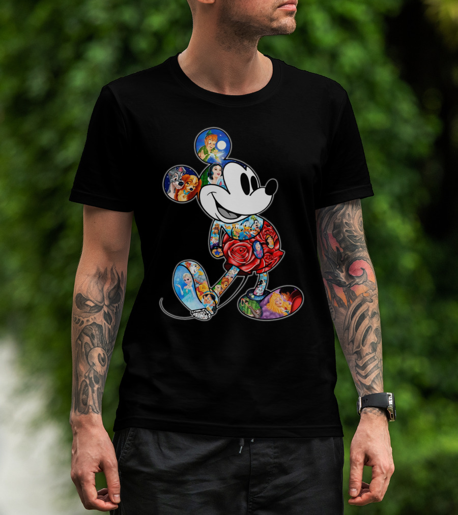 Mickey Mouse Collage Featuring Classic Disney Characters T-Shirt