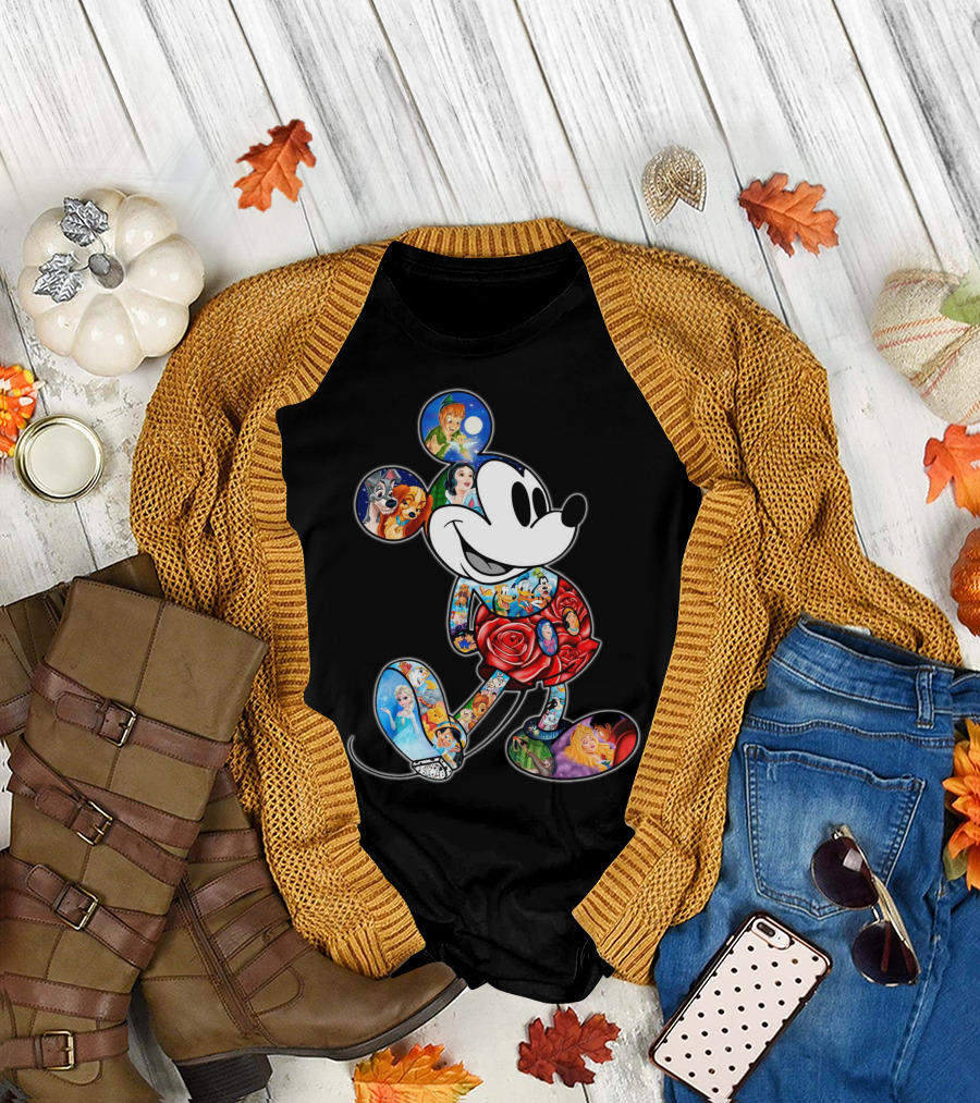 Mickey Mouse Collage Featuring Classic Disney Characters T-Shirt