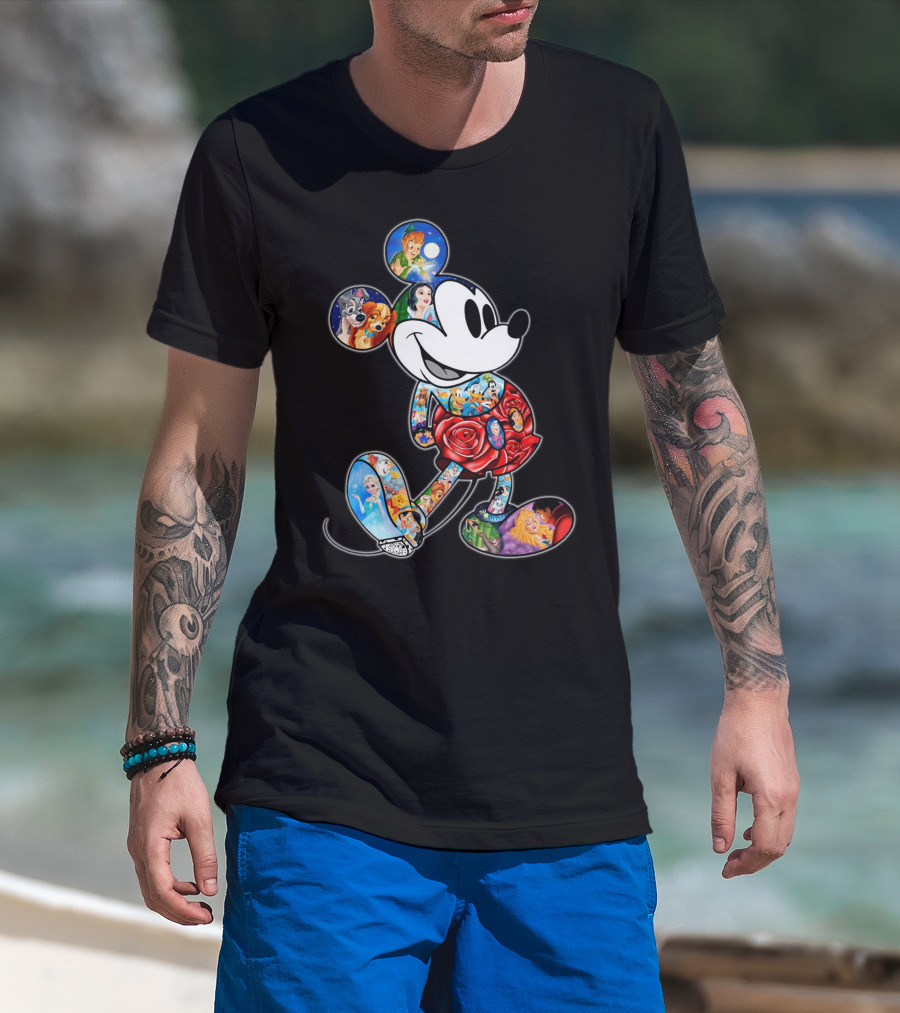 Mickey Mouse Collage Featuring Classic Disney Characters T-Shirt