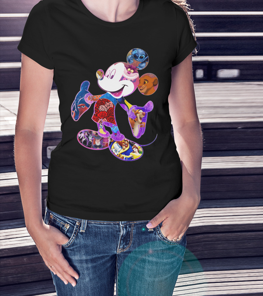 Mickey Mouse Collage Featuring Disney Characters From Lilo & Stitch The Lion King Finding Nemo Winnie The Pooh The Little Mermaid Beauty And The Beast T-Shirt