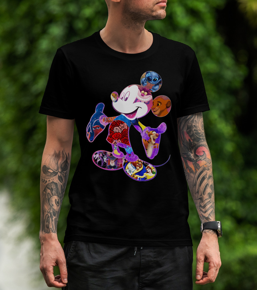 Mickey Mouse Collage Featuring Disney Characters From Lilo & Stitch The Lion King Finding Nemo Winnie The Pooh The Little Mermaid Beauty And The Beast T-Shirt