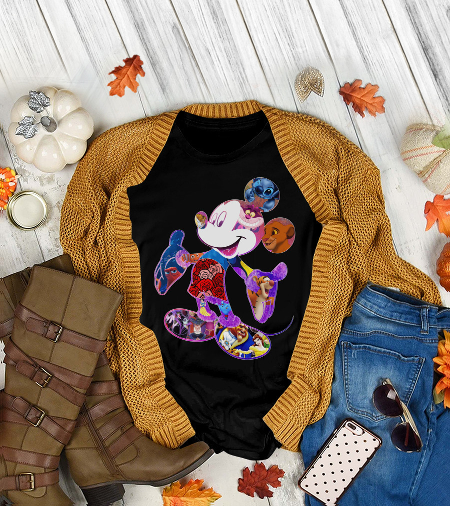 Mickey Mouse Collage Featuring Disney Characters From Lilo & Stitch The Lion King Finding Nemo Winnie The Pooh The Little Mermaid Beauty And The Beast T-Shirt