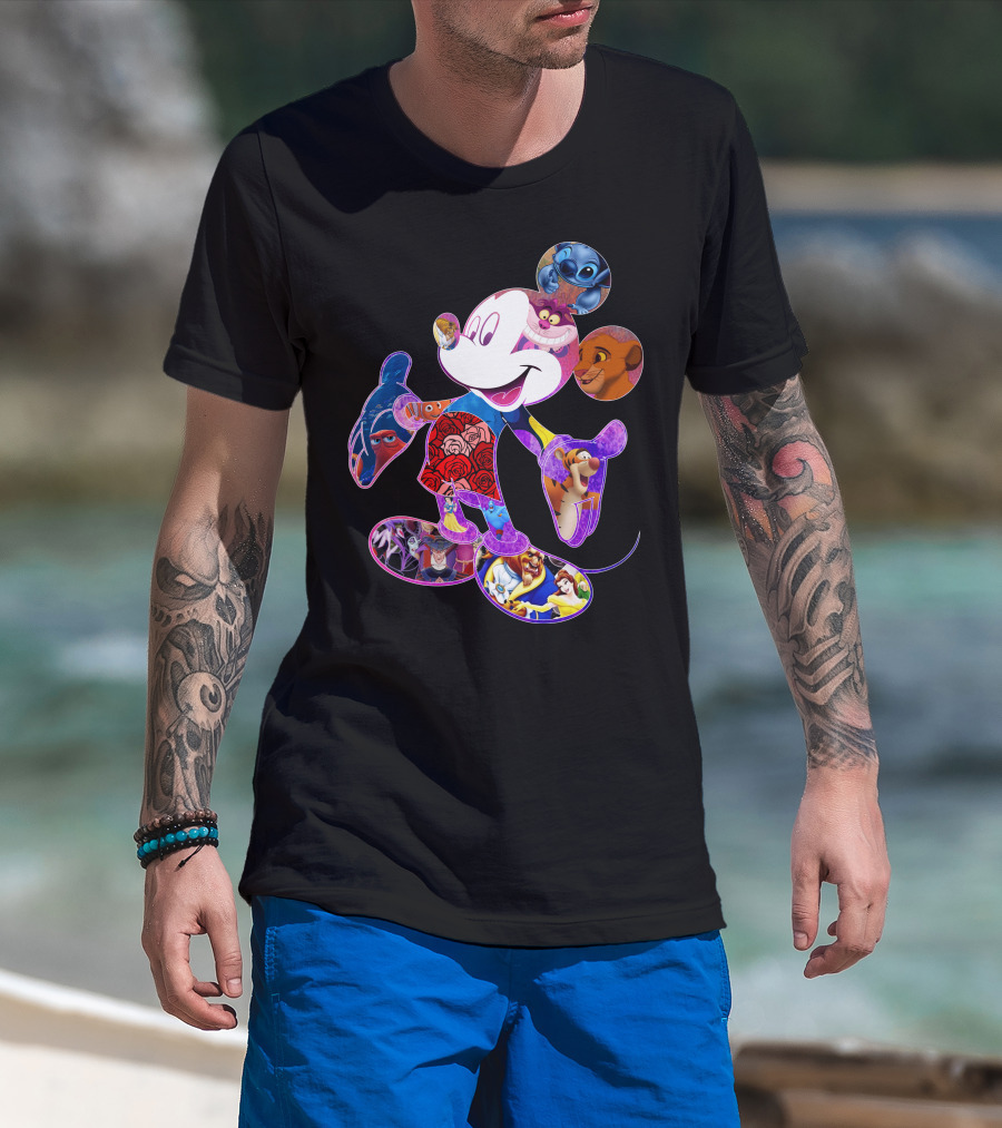Mickey Mouse Collage Featuring Disney Characters From Lilo & Stitch The Lion King Finding Nemo Winnie The Pooh The Little Mermaid Beauty And The Beast T-Shirt