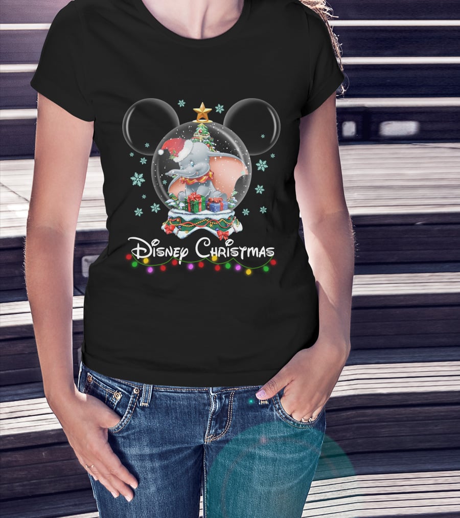 Disney Christmas Dumbo Snow Globe With Gifts And Mickey Ears T-Shirt