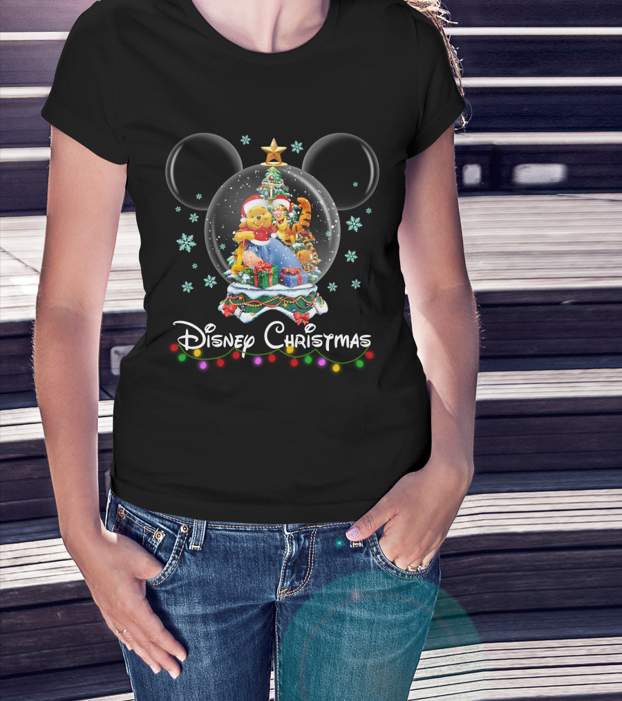 Disney Christmas Winnie The Pooh Snow Globe With Mickey Ears T-Shirt