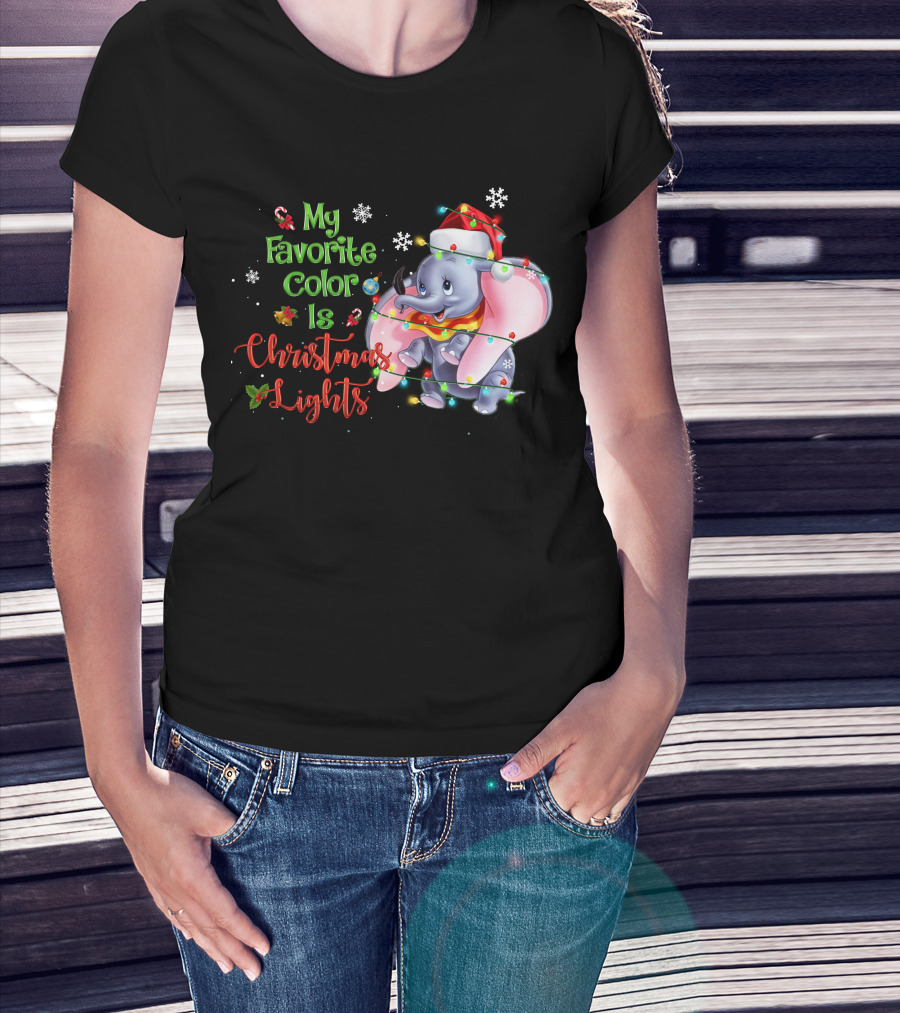 My Favorite Color Is Christmas Lights Dumbo Elephant Santa Hat Snowflakes Garland T-Shirt