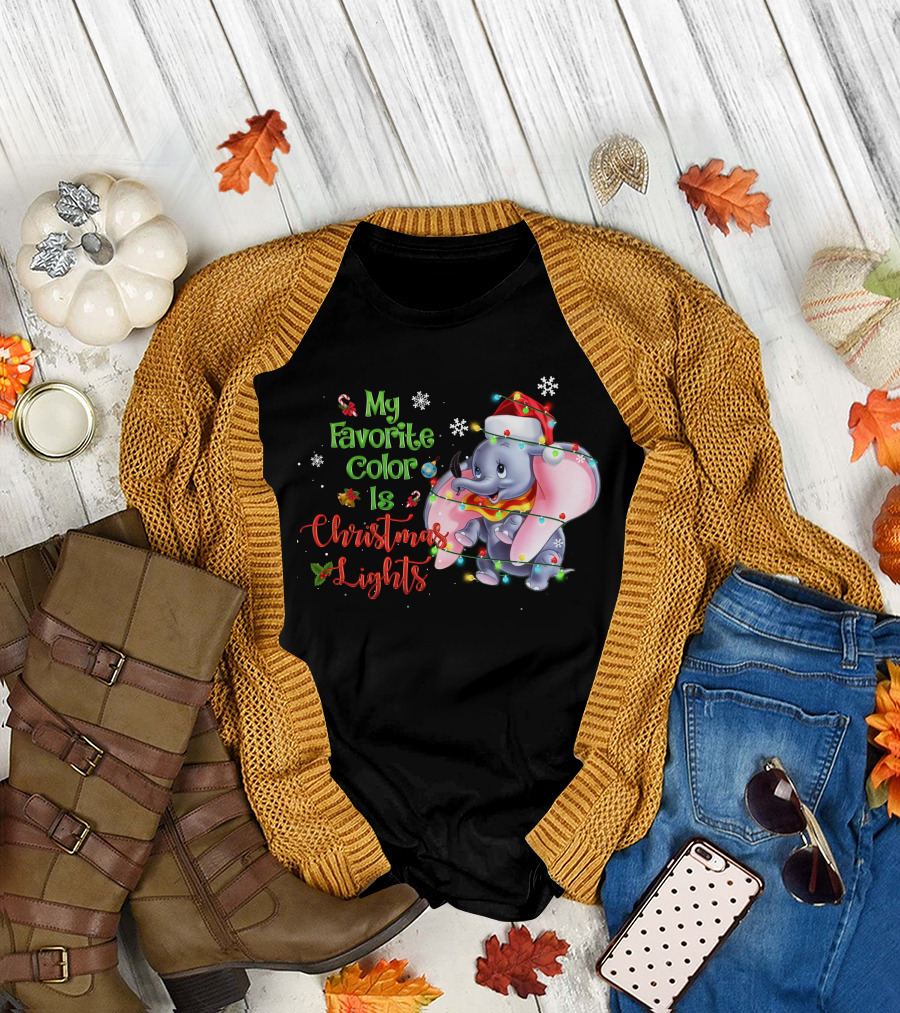 My Favorite Color Is Christmas Lights Dumbo Elephant Santa Hat Snowflakes Garland T-Shirt