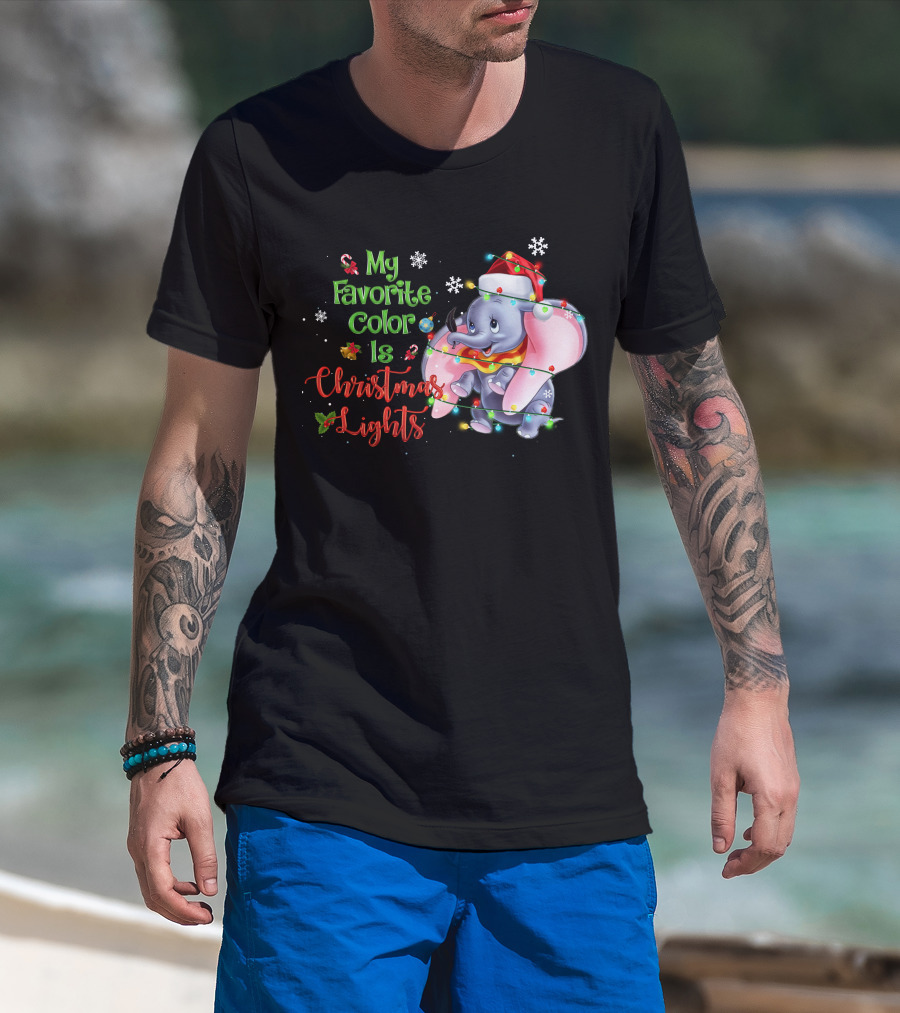 My Favorite Color Is Christmas Lights Dumbo Elephant Santa Hat Snowflakes Garland T-Shirt