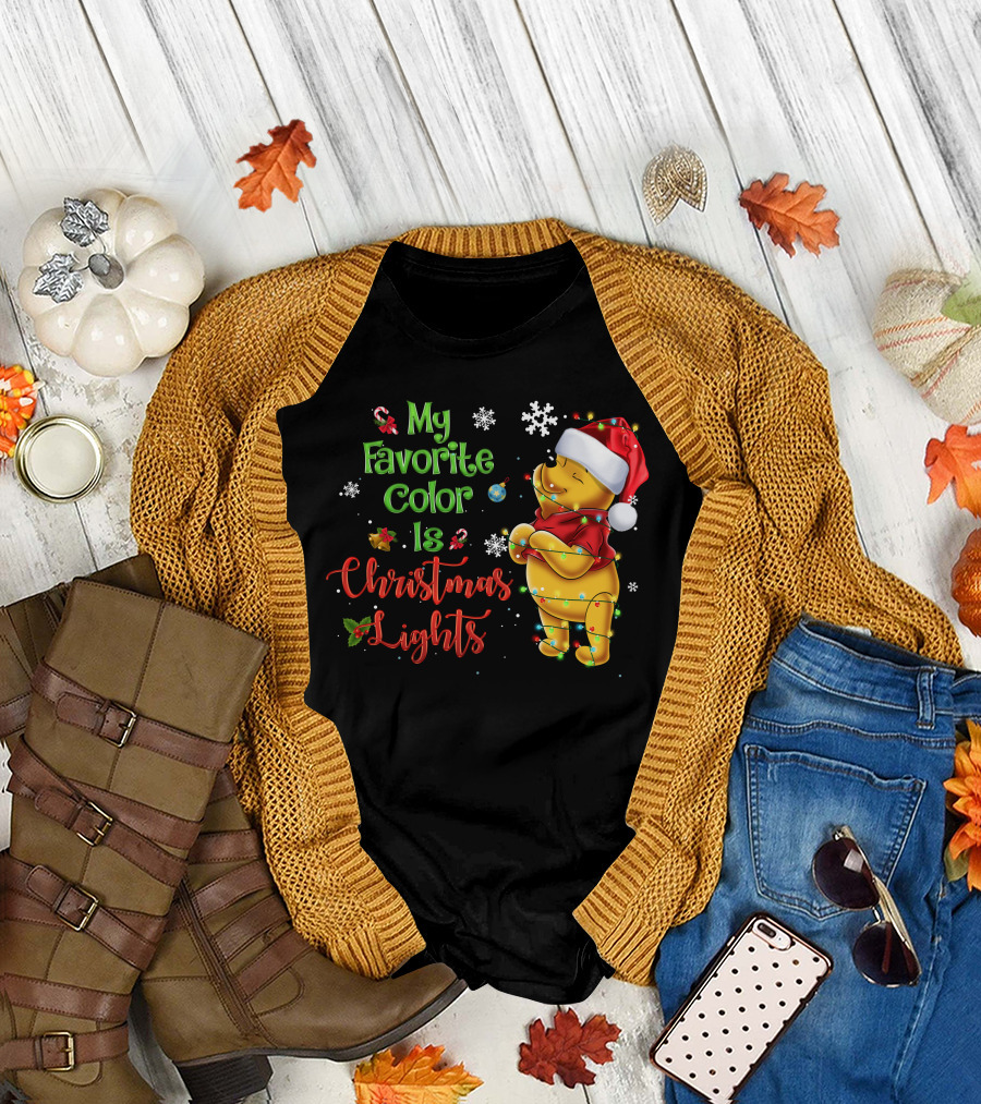 My Favorite Color Is Christmas Lights Pooh Holiday Santa Hat T-Shirt