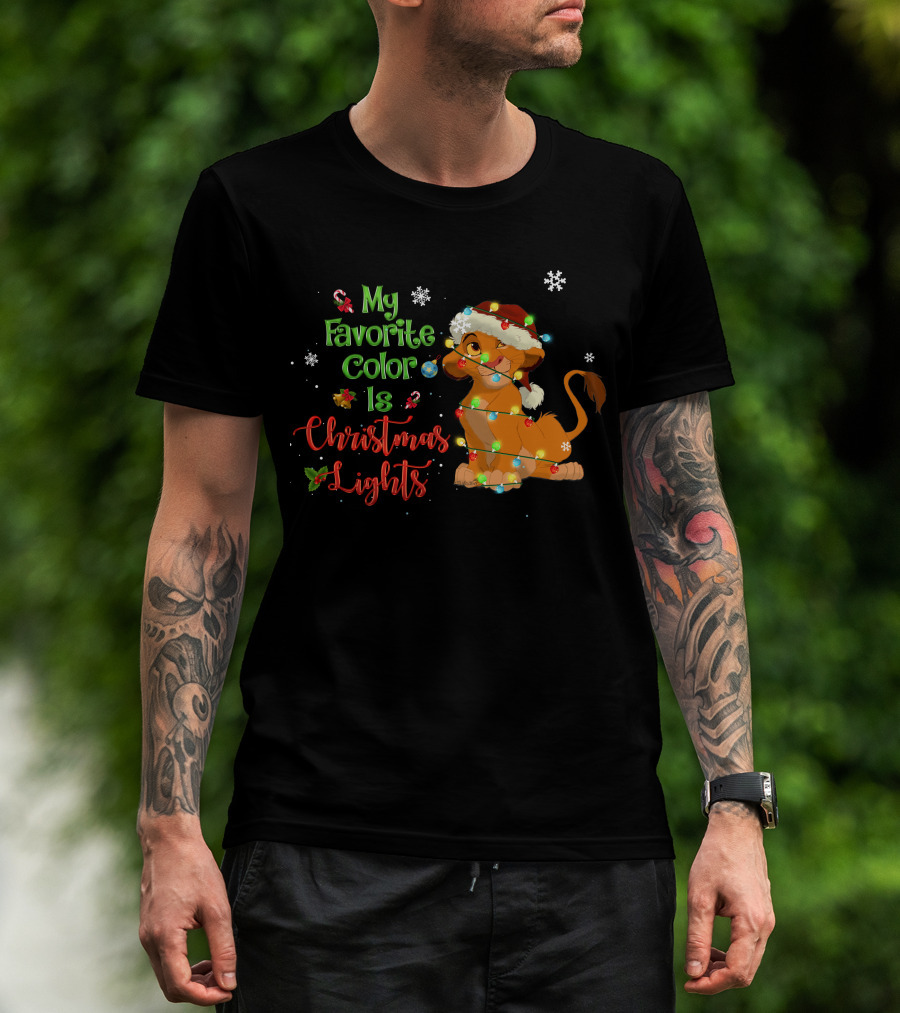My Favorite Color Is Christmas Lights Simba Santa Hat Snowflakes T-Shirt