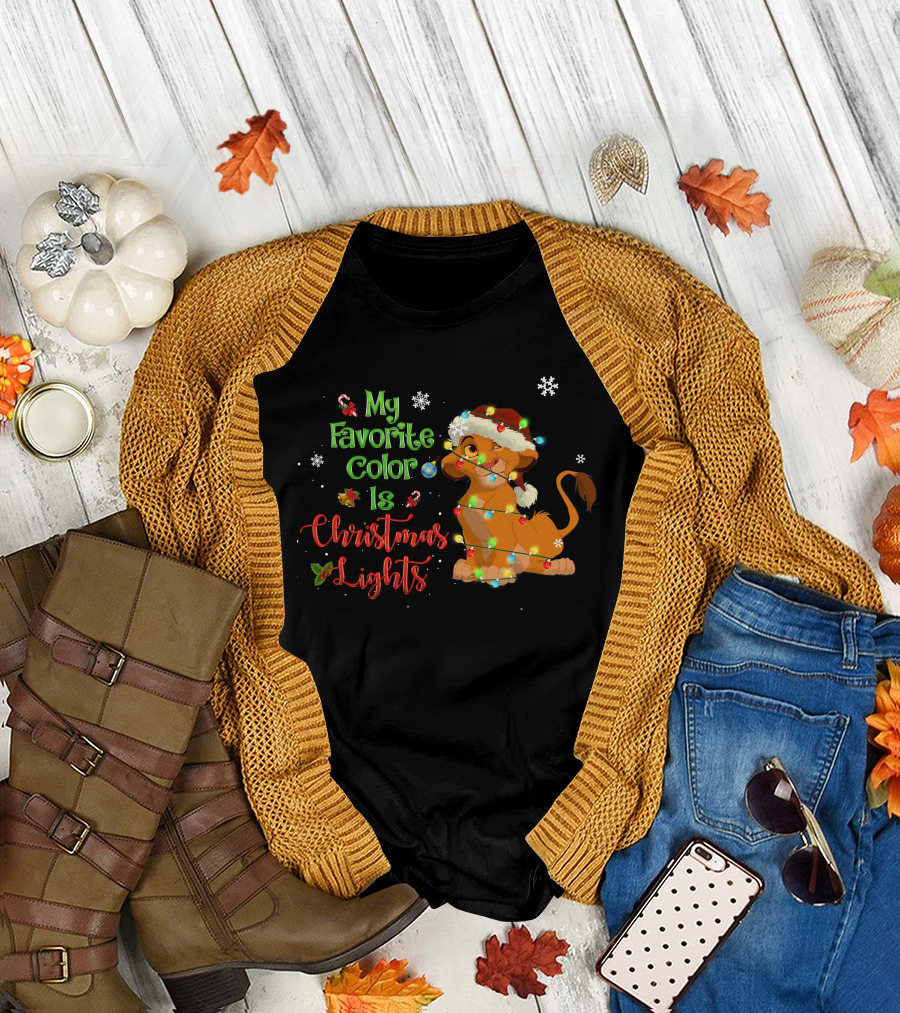 My Favorite Color Is Christmas Lights Simba Santa Hat Snowflakes T-Shirt