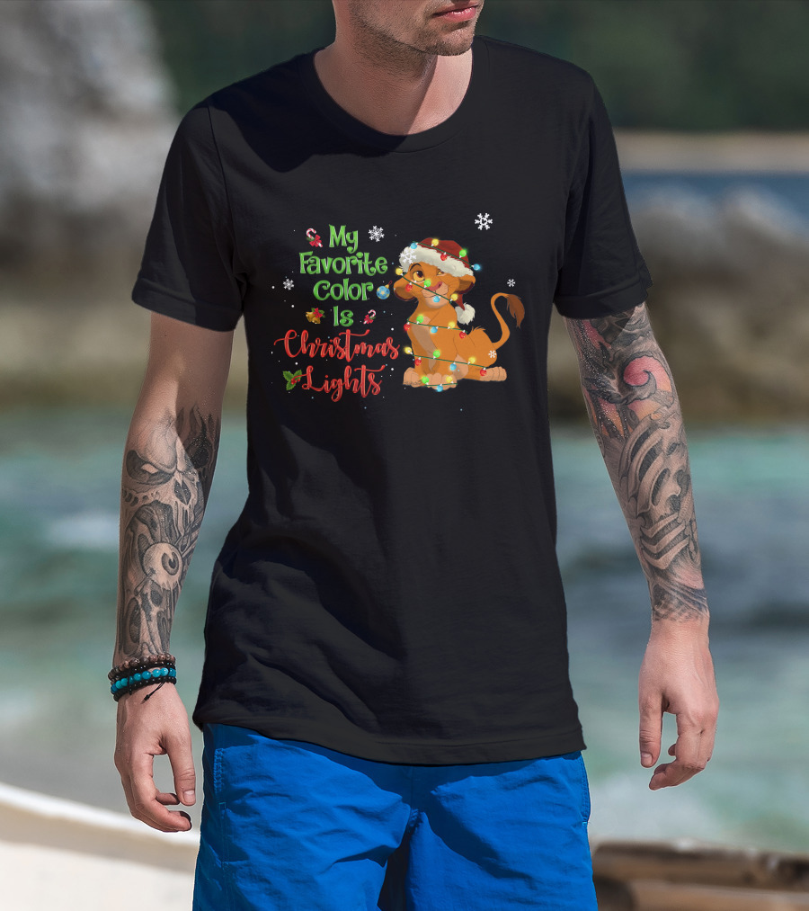 My Favorite Color Is Christmas Lights Simba Santa Hat Snowflakes T-Shirt
