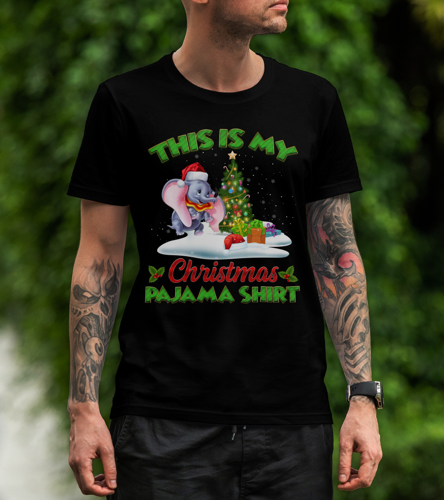 This Is My Christmas Pajama Shirt Dumbo Santa Hat Christmas Tree Presents T-Shirt