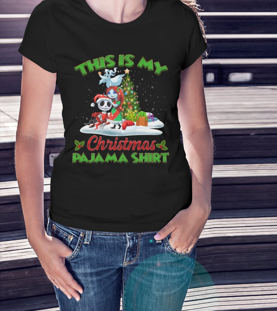 This Is My Christmas Pajama Shirt Jack Skellington And Sally Holiday Tree Scene T-Shirt