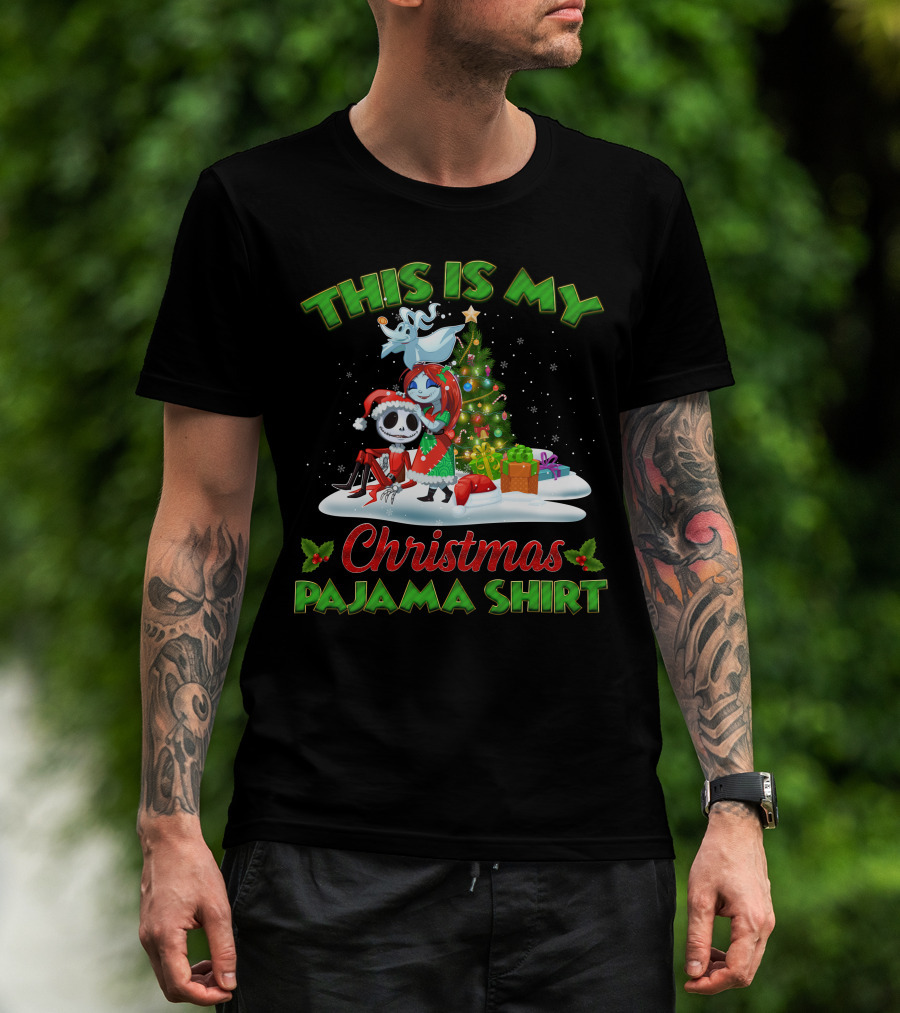 This Is My Christmas Pajama Shirt Jack Skellington And Sally Holiday Tree Scene T-Shirt