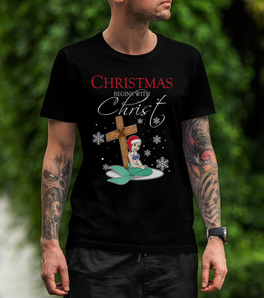 Christmas Begins With Christ Ariel Snowflakes T-Shirt