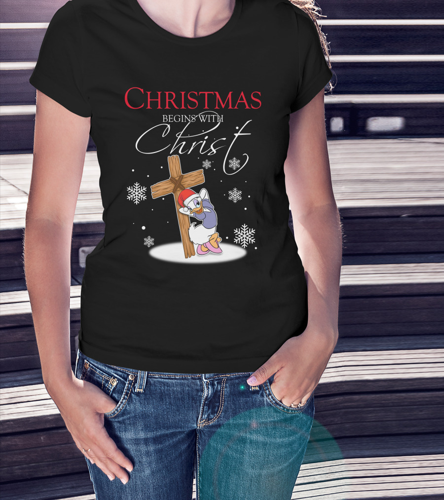 Christmas Begins With Christ Daisy With Cross And Snowflakes T-Shirt