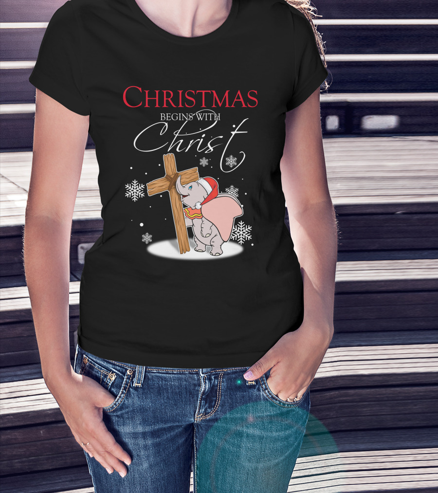 Christmas Begins With Christ Dumbo Santa Hat Cross Snowflakes T-Shirt