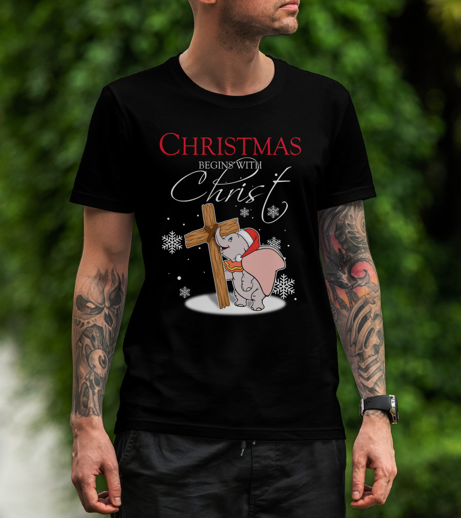 Christmas Begins With Christ Dumbo Santa Hat Cross Snowflakes T-Shirt