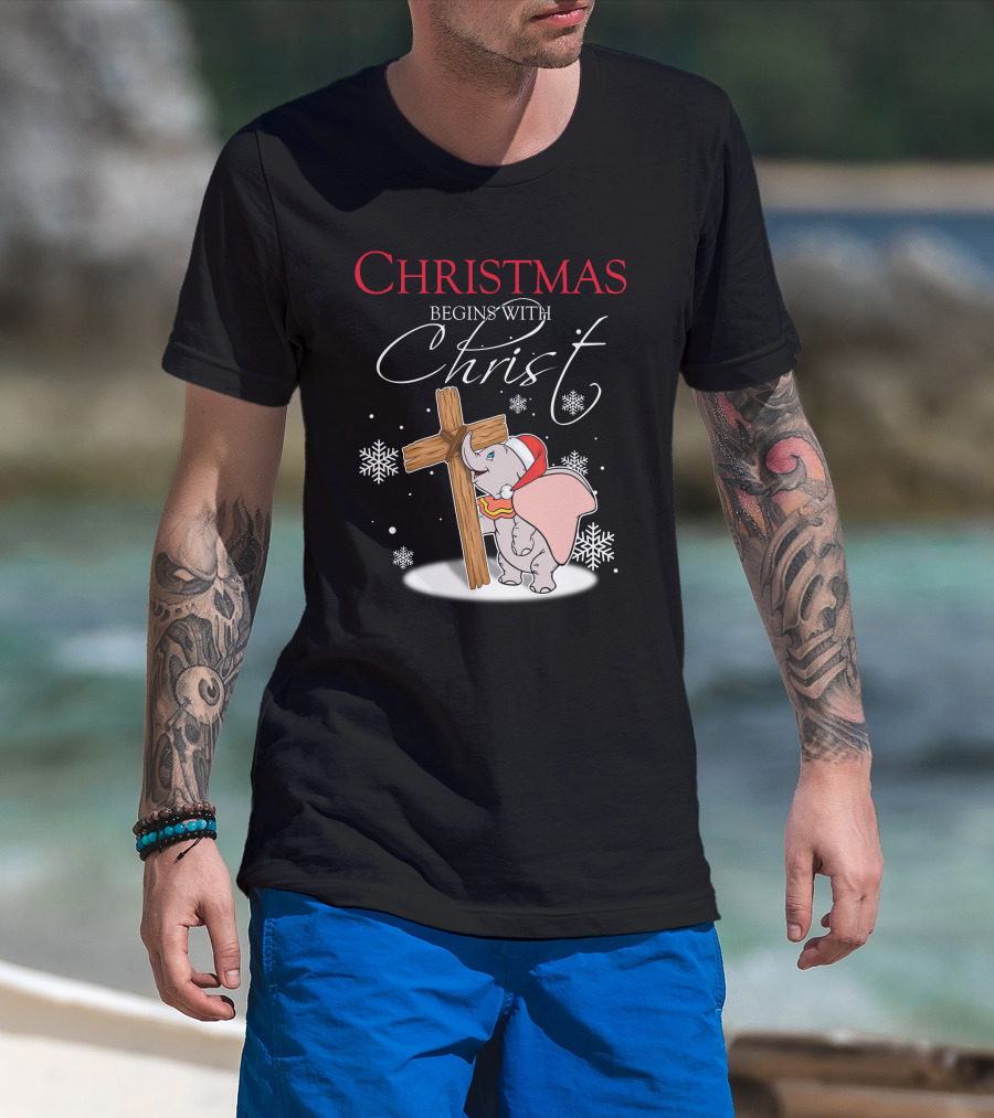Christmas Begins With Christ Dumbo Santa Hat Cross Snowflakes T-Shirt