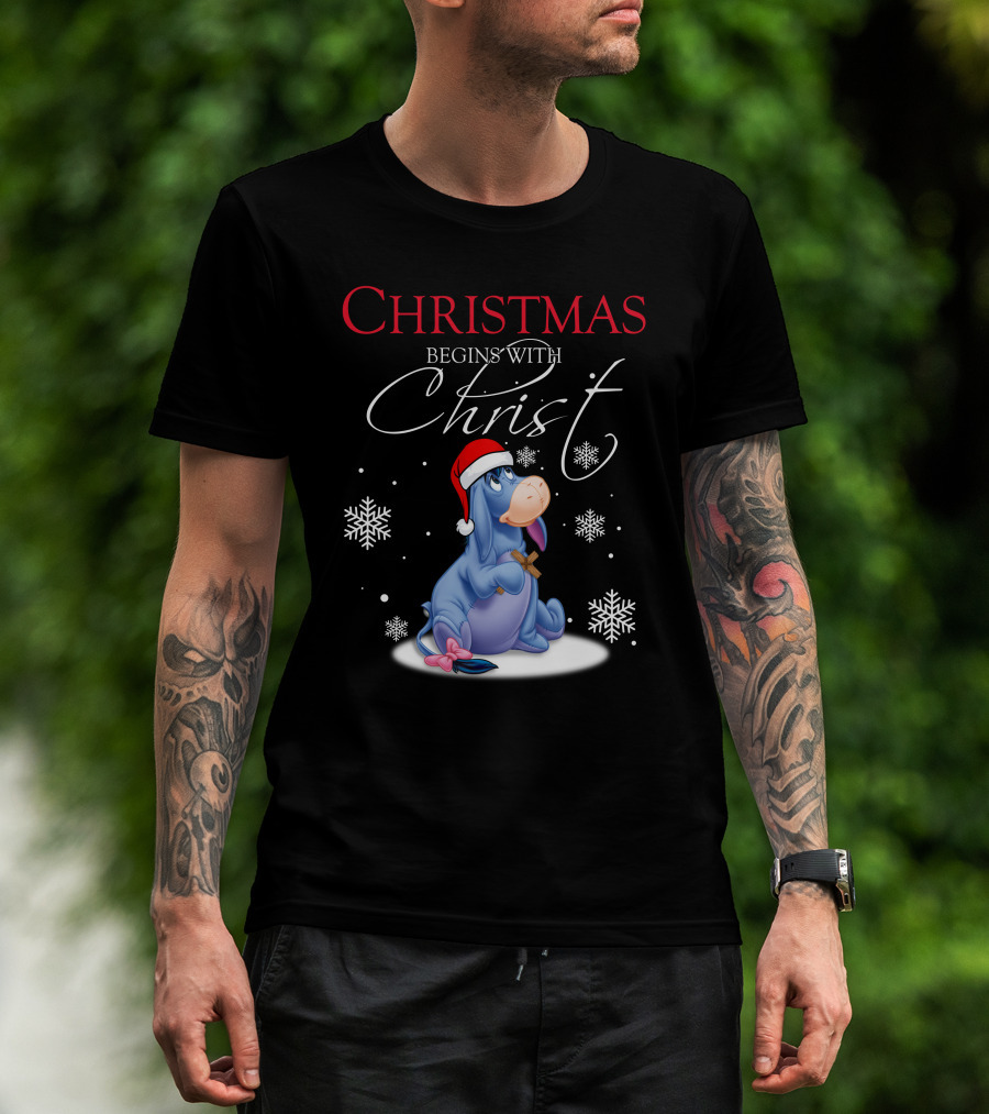 Christmas Begins With Christ Eeyore Santa Hat Snowflakes T-Shirt