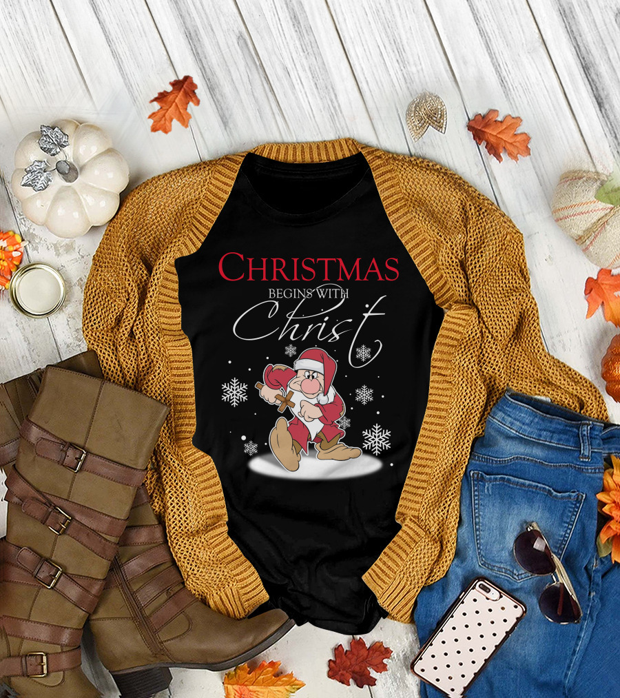 Christmas Begins With Christ Grumpy Santa Snowflakes T-Shirt