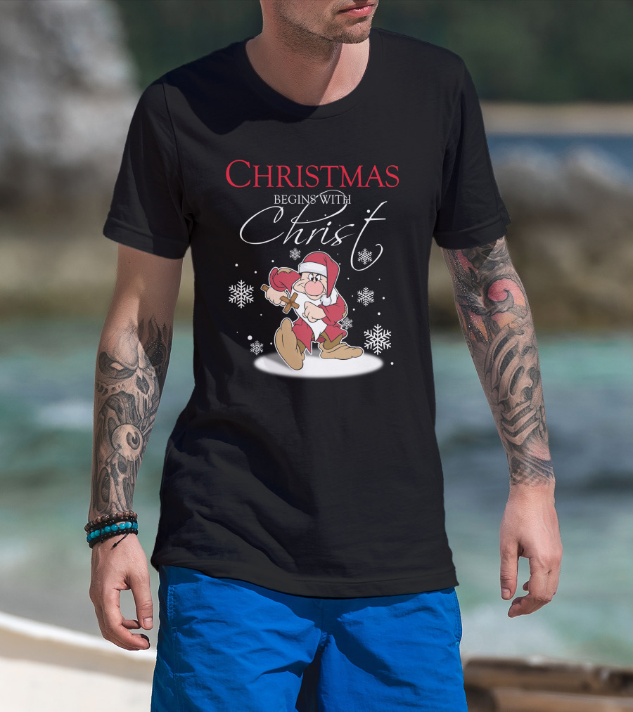 Christmas Begins With Christ Grumpy Santa Snowflakes T-Shirt