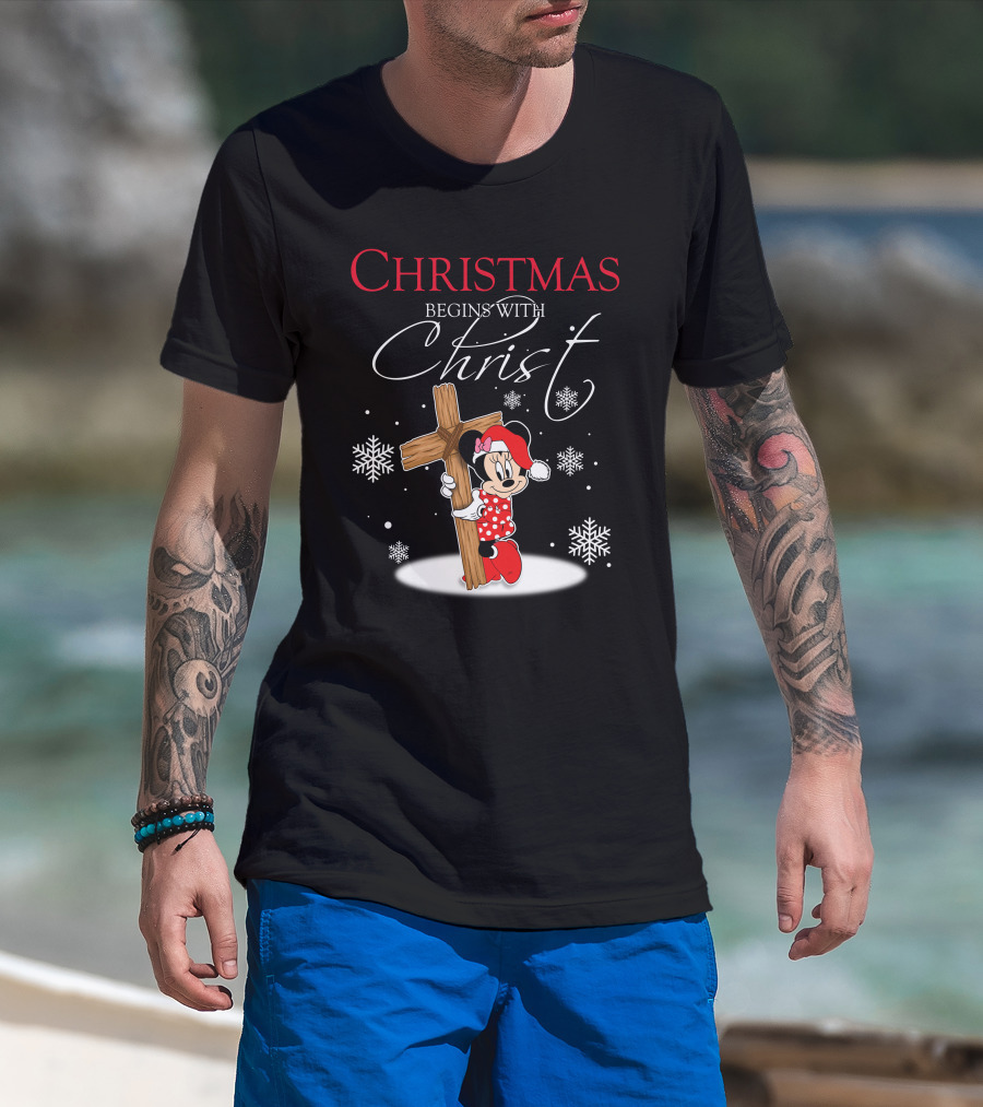 Christmas Begins With Christ Minnie Santa Hat Snowflakes T-Shirt
