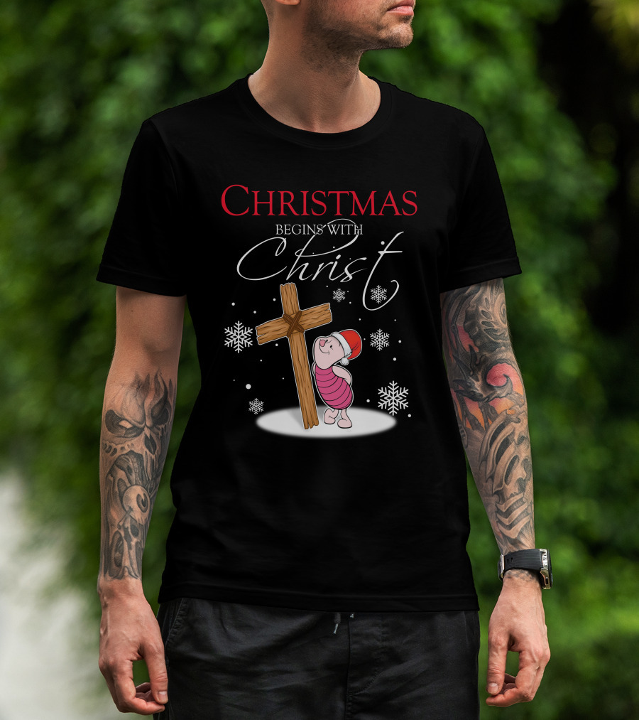 Christmas Begins With Christ Piglet Santa Hat Snowflakes T-Shirt