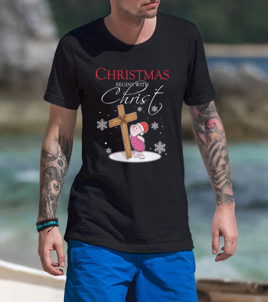 Christmas Begins With Christ Piglet Santa Hat Snowflakes T-Shirt