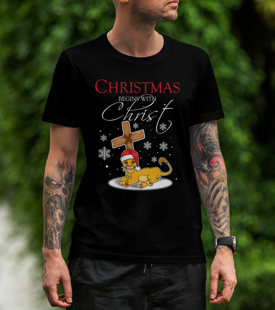 Christmas Begins With Christ Simba Snowflakes Santa Hat T-Shirt