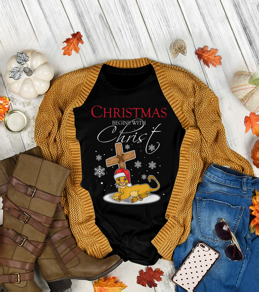 Christmas Begins With Christ Simba Snowflakes Santa Hat T-Shirt