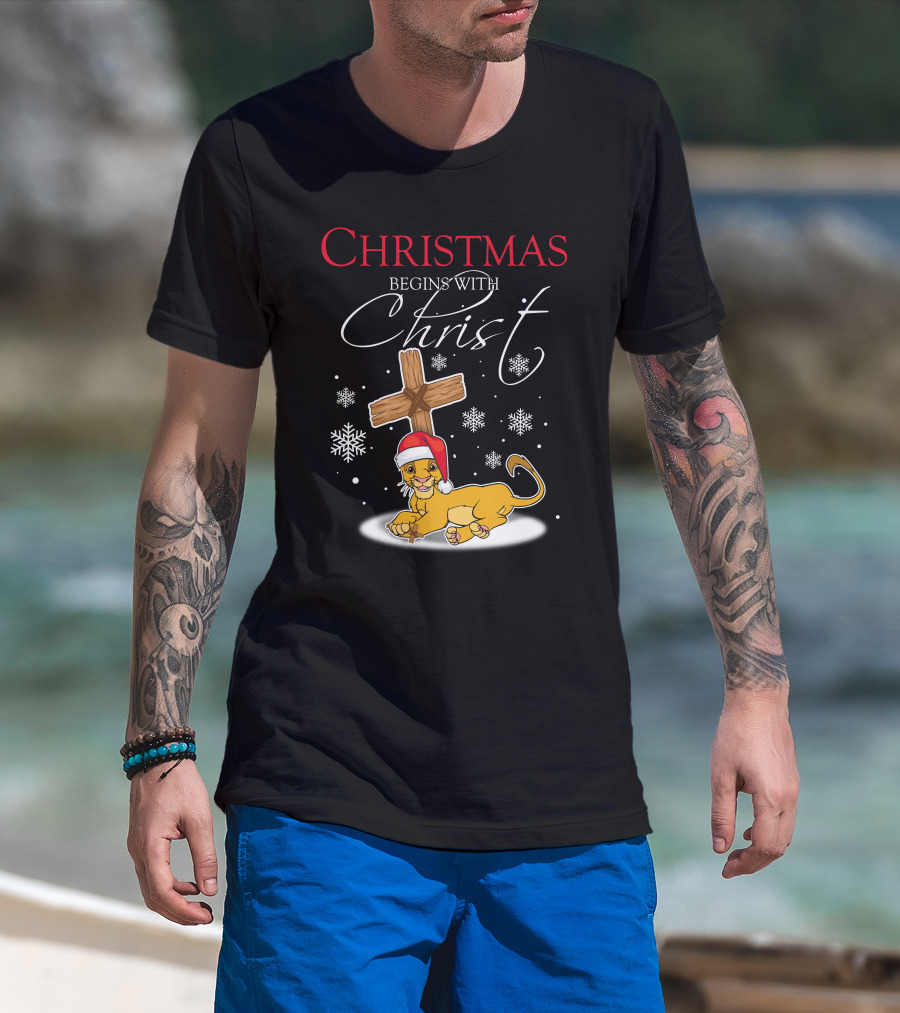 Christmas Begins With Christ Simba Snowflakes Santa Hat T-Shirt